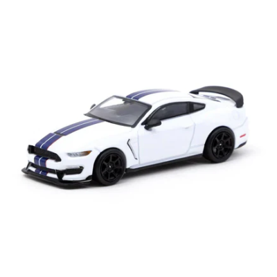 Miniatura de carro desportivo branco com riscas azuis e jantes pretas
