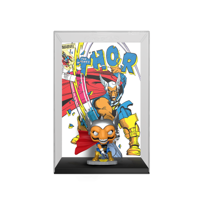 Funko Pop do Thor da Marvel com fundo decorativo em vitrína