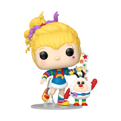 Figura Funko Pop loira com vestido arco-íris e pequena figura sorridente com estrelas coloridas