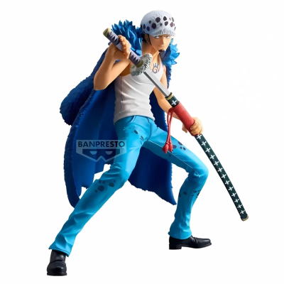 Figura de ação de personagem masculino com katana e casaco azul peludo