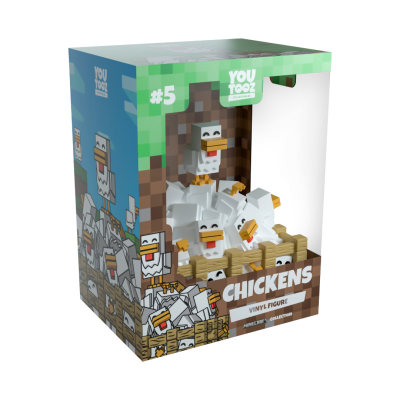 Caixa de figura vinil Minecraft YouTooz com várias galinhas em estilo pixelizado