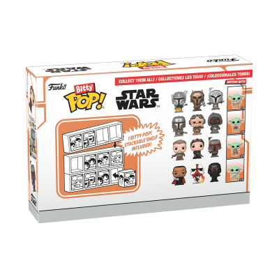 Embalagem do set Funko Pop! Bitty Star Wars com figuras colecionáveis e prateleira empilhável em destaque.