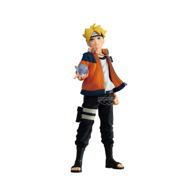Figura de ação Banpresto do personagem Naruto Uzumaki com jaqueta laranja e calças pretas.