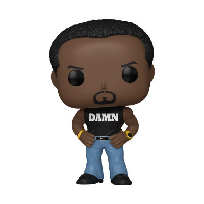 Figura Funko Pop com camisa preta escrita DAMN e calças azuis