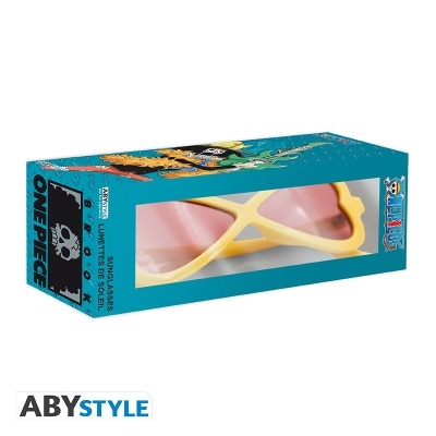 Óculos de sol amarelos com lentes rosa na caixa azul da série One Piece