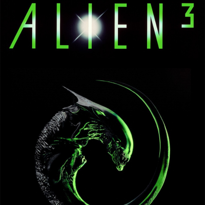 Imagem promocional do filme Alien³ com alienígena verde fosforescente e texto em verde