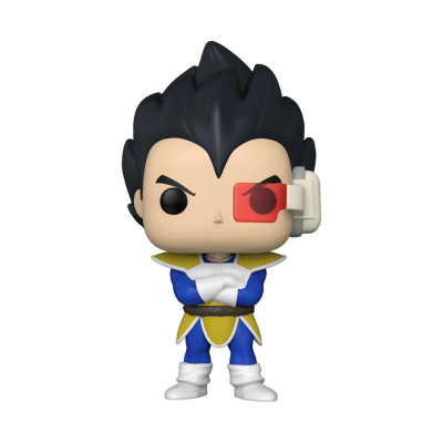 Figura Funko Pop Vegeta com armadura azul e amarela e dispositivo ocular vermelho
