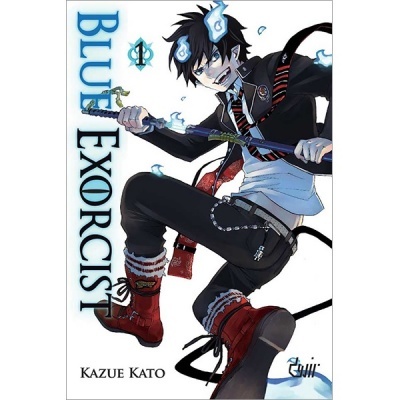 Capa do livro Blue Exorcist com personagem masculino e espada em fundo branco.