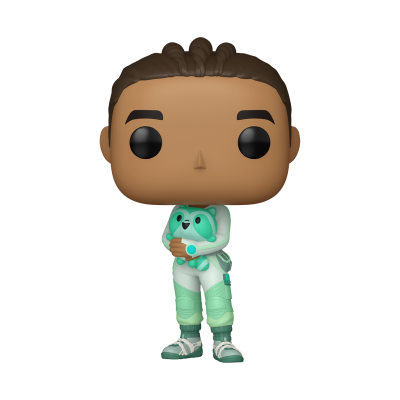 Figura Funko Pop de personagem com fato verde e branco a segurar peluche verde