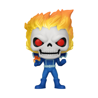 Figura colecionável Funko Pop esqueleto com cabelo em chamas e fato azul