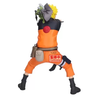 Figura colecionável personagem vestindo roupa laranja e preta com boneco verde no ombro e texto Confirming