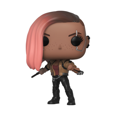 Boneco Funko Pop com cabelo cor-de-rosa e castanho e roupas casuais escuras