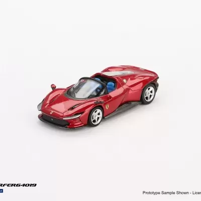 Miniatura de carro desportivo Ferrari vermelho com detalhes azuis e pretos