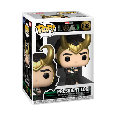Figura Funko Pop! de Vinil do personagem President Loki em caixa, com chifres dourados e fato escuro.