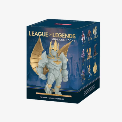 Caixa azul de figura colecionável League of Legends com texto e personagem dourada e cinzenta