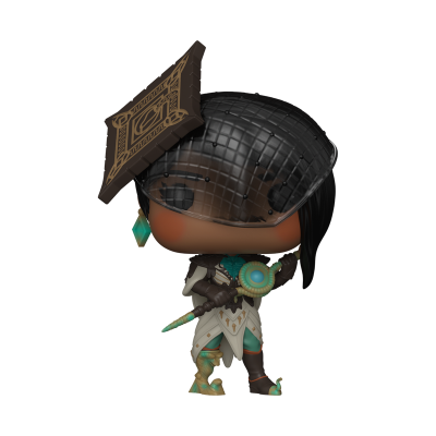 Figura Funko Pop com traje branco, castanho e verde, chapéu preto com padrão e bastão decorativo