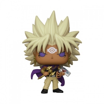 Figura Funko Pop de personagem com cabelo loiro espetado, capa roxa e cetro dourado.