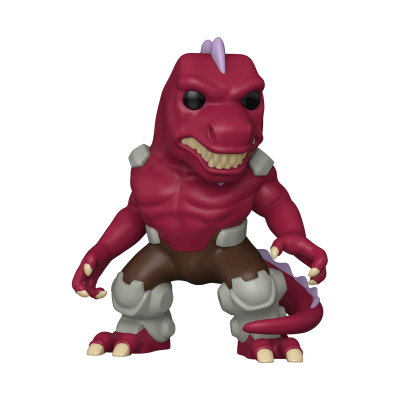 Boneco dinossauro antropomórfico vermelho com armadura cinza e calças marrons