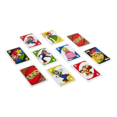 Conjunto de cartas UNO com personagens Super Mario, cores variadas, e logo UNO no verso.