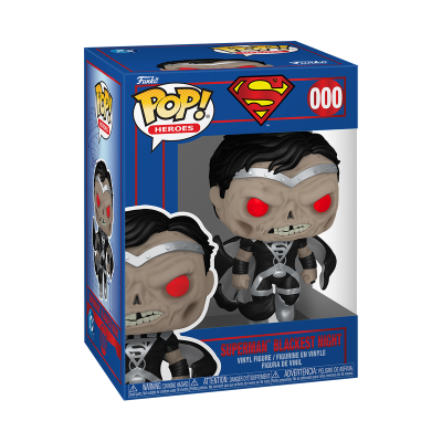Funko Pop! Superman Blackest Night com olhos vermelhos e roupa preta em caixa azul