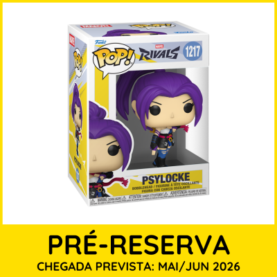 Figura Funko Pop! da Psylocke Marvel com cabelo roxo dentro da caixa visível.
