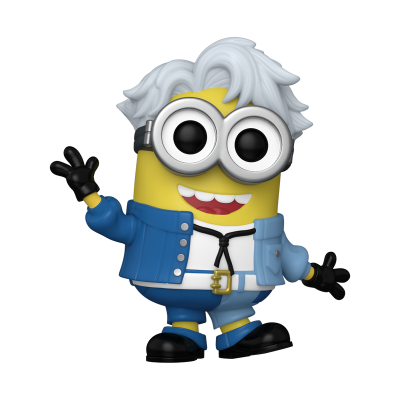 Figurinha colecionável de minion com roupa azul e cabelo branco