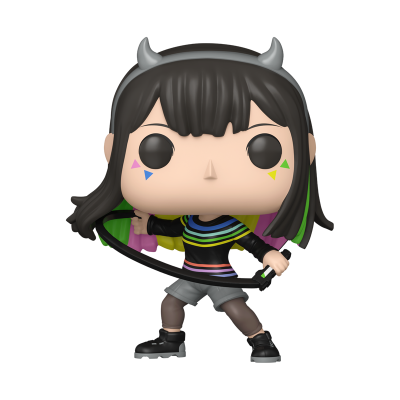 Figura estilo Funko Pop com tiara de chifres, roupa colorida e espada preta.