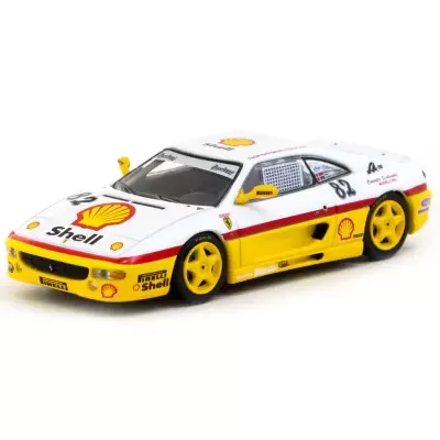 Miniatura de carro de corrida branco e amarelo decorado com logos da Shell e Pirelli