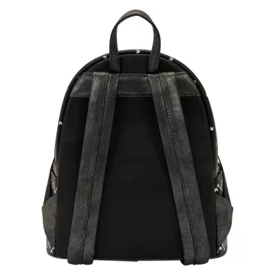 Mochila preta com alças cinza escuro e detalhes brancos, vista traseira