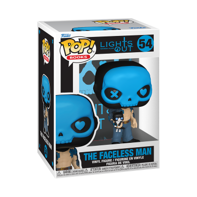 Figura Funko POP vinil The Faceless Man cabeça caveira azul olhos X e coração com gato