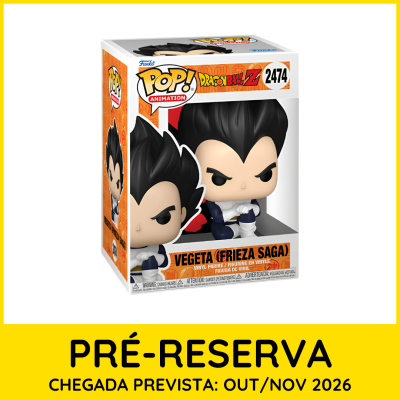 Figura Pop Vinyl Vegeta (Frieza Saga) na caixa Dragon Ball Z com texto de pré-reserva.
