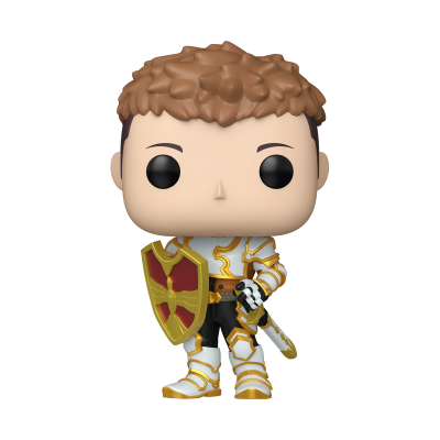 Figura Funko Pop guerreiro com armadura branca e dourada, escudo e espada
