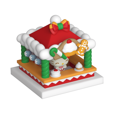 Figurina de casinha de gengibre colorida com personagem sorridente e decorações de bolinhos e boneco de gengibre