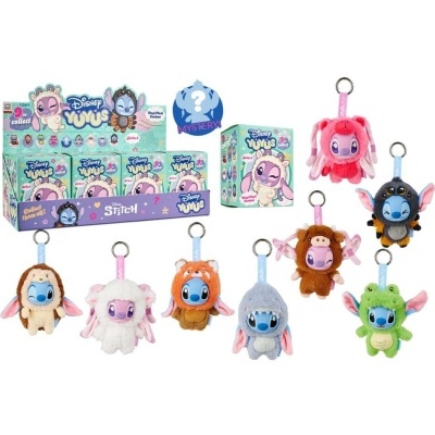 Conjunto Disney Yuyu com 9 peluches porta-chaves coloridos com diferentes fatos de animais e caixa colorida.
