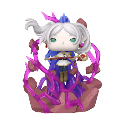 Figura colecionável de personagem com cabelo branco e efeitos roxos