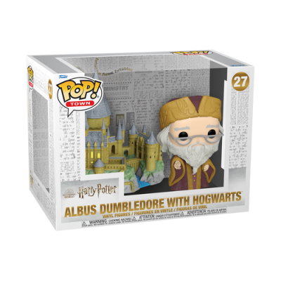 Figura Pop! Town de Albus Dumbledore com Hogwarts na embalagem