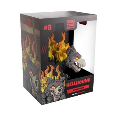 Figura de vinil 'Hellhound' em caixa preta com detalhes vermelhos e chamas amarelas e laranja