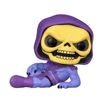 Figura Funko Pop do Skeletor com cabeça de caveira amarela e roupa roxa reclinada
