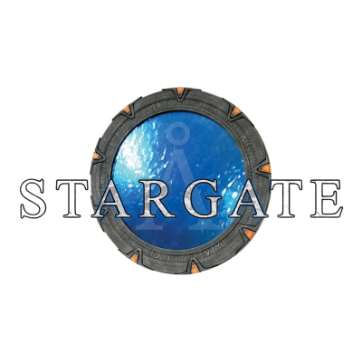 Portal circular metálico com centro azul e texto STARGATE