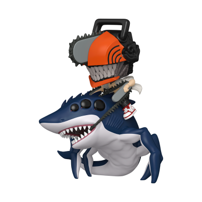 Figura estilizada com capacete de motosserra e tubarão azul escuro com múltiplos olhos