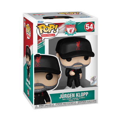 Figura de vinil Jürgen Klopp Funko Pop Football com boné preto e roupa preta na caixa