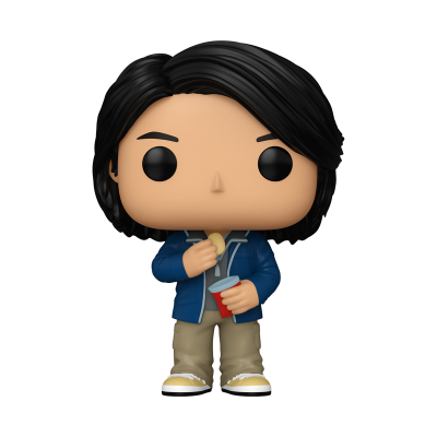 Boneco Funko Pop de personagem com casaco azul a segurar um copo vermelho e batata frita