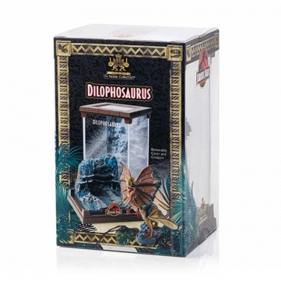 Caixa de brinquedo com figura do dinossauro Dilophosaurus da coleção The Noble Collection