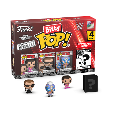 Caixa Funko Bitty Pop! WWE 4 pack com quatro figuras colecionáveis e caixa de figura surpresa.