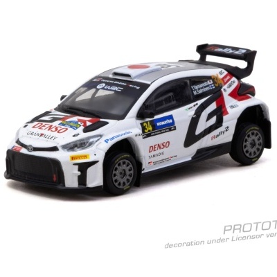 Miniatura de carro de rali branco com logos e número 34