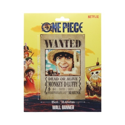 Banner de parede One Piece com cartaz WANTED de Monkey D. Luffy