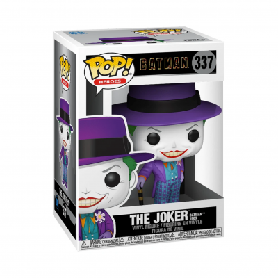 Figura Funko Pop! The Joker Batman 337 com chapéu roxo e fato azul xadrez na caixa