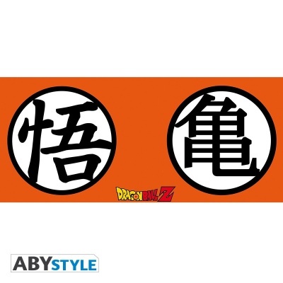 Dois círculos com símbolos chineses pretos sobre fundo laranja e logo Dragon Ball Z.