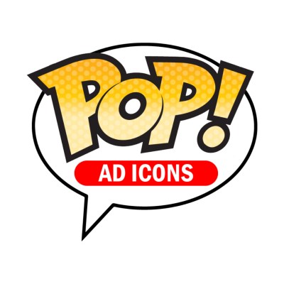 Logotipo POP! AD ICONS em balão de fala branco