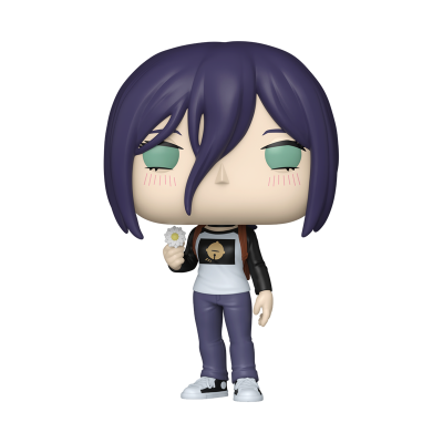 Figura colecionável de vinil com cabelo roxo escuro e olhos verdes fechados